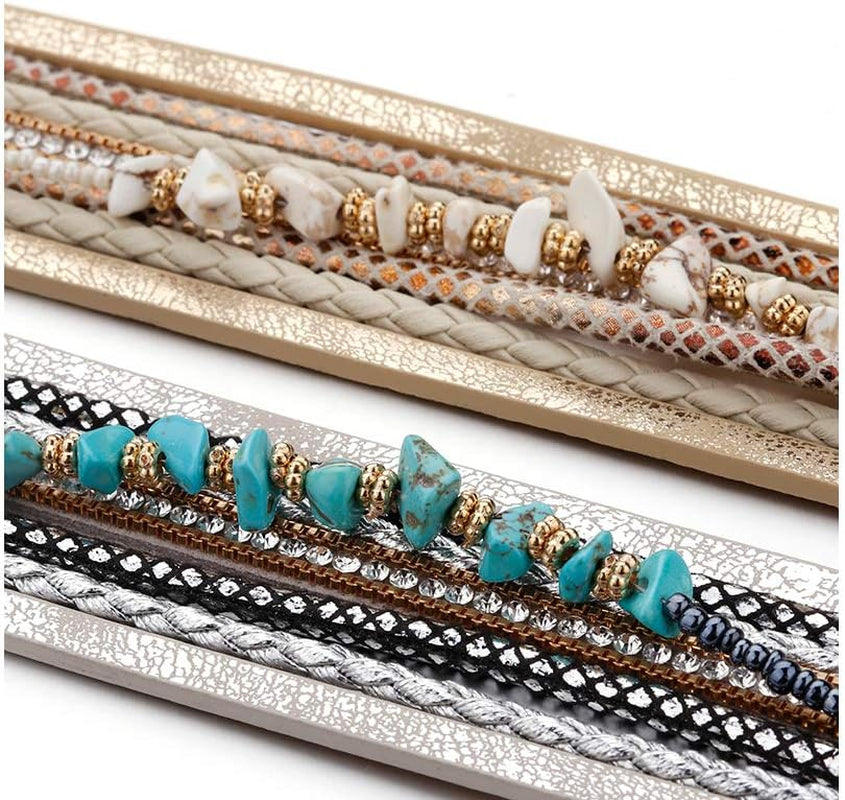 Leather Wrap Bracelets for Women, Boho Leopard Multi-Layer Crystal Beads Cuff Bracelet Jewelry