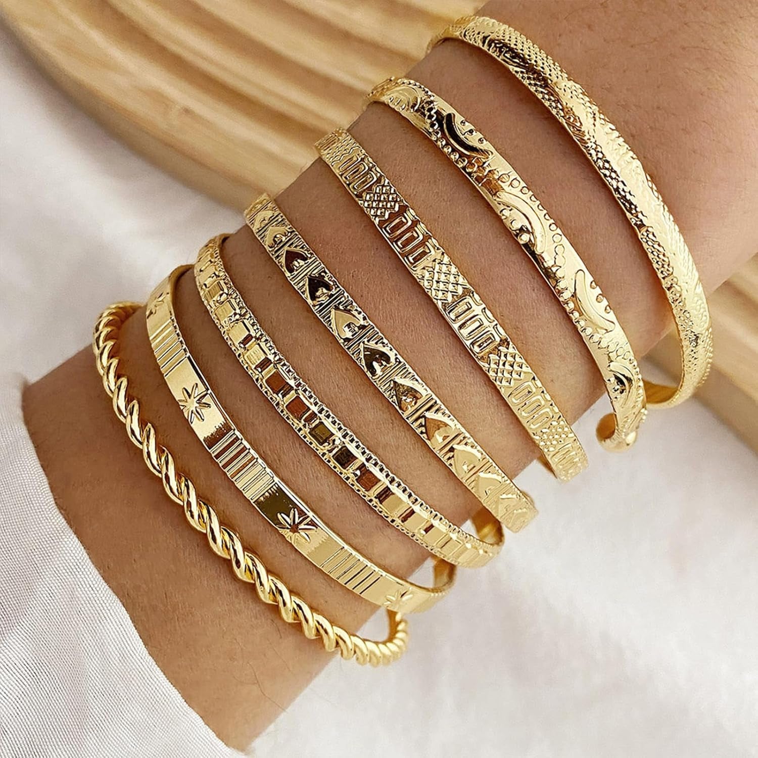 Gold Bangle Bracelets for Women, 14K Gold Plated Multi Layer Stackable Cuff Bracelet Set, Trendy Elegance Charms Non Tarnish Minimalist Textured Boho Jewelry Gift for Women