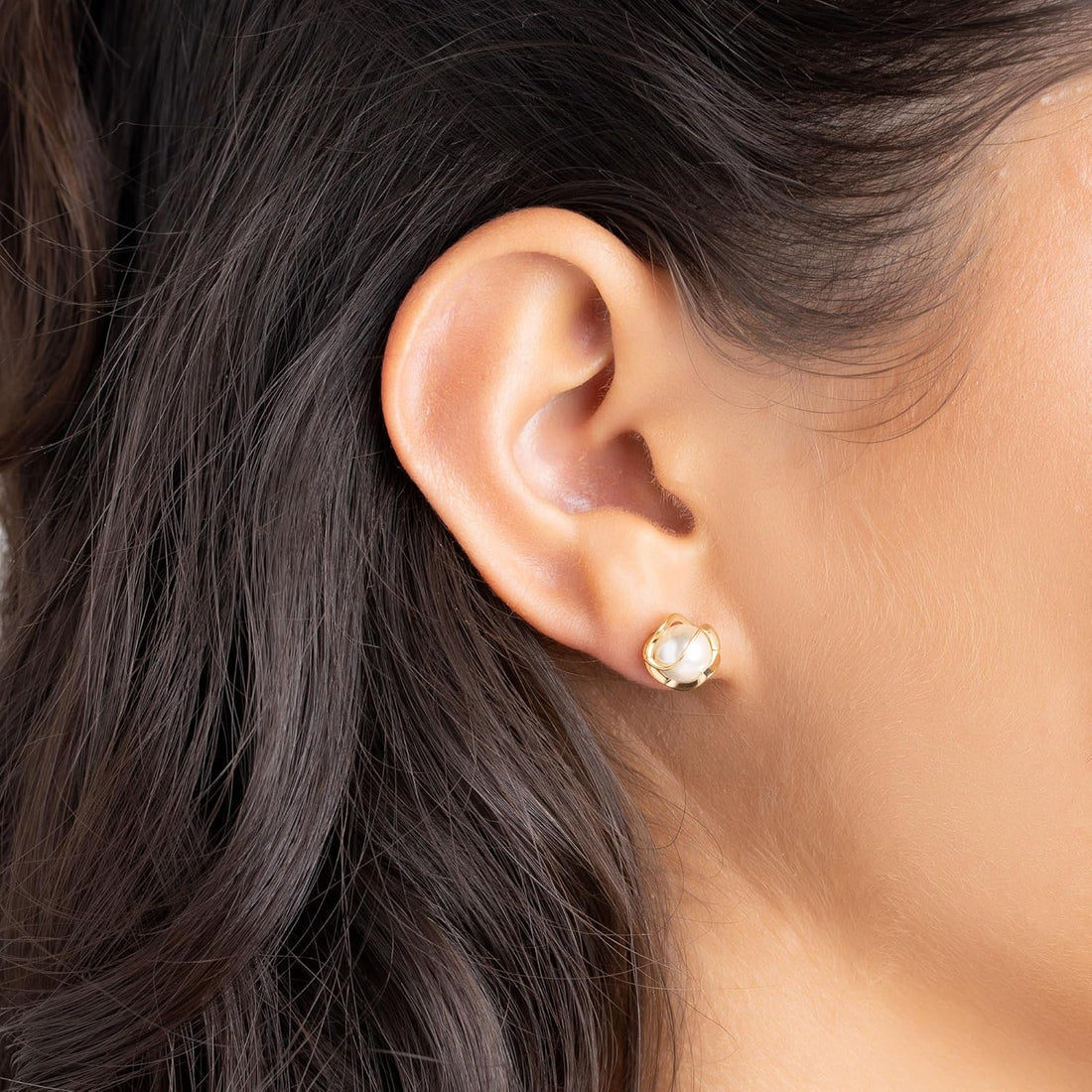 18K Gold Plated Caged Pearl Stud Earrings, 6MM - Made in Brazil
