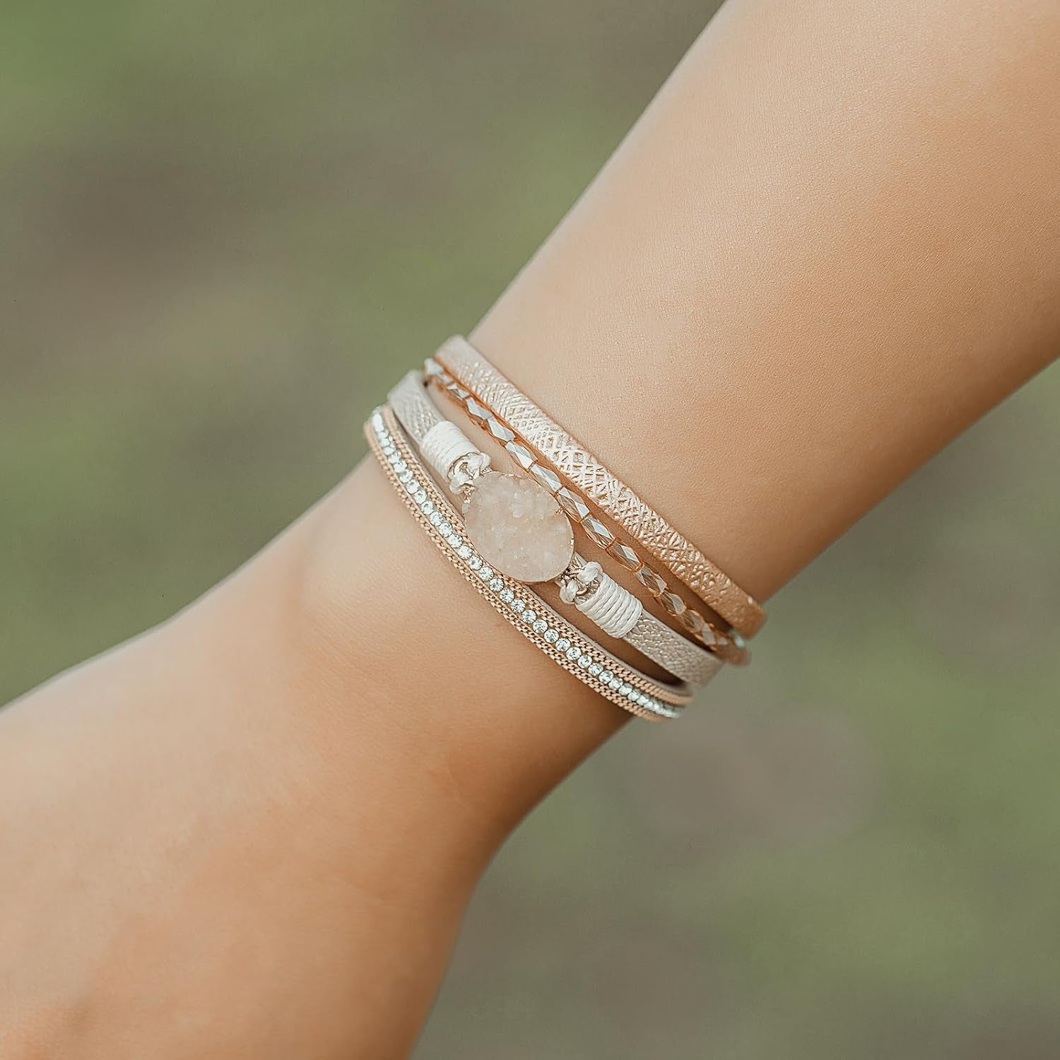 Leather Wrap Bracelet Boho Cuff Bangle Bracelets Crystal Bead Bracelet with Magnetic Clasp Jewelry Gifts for Women