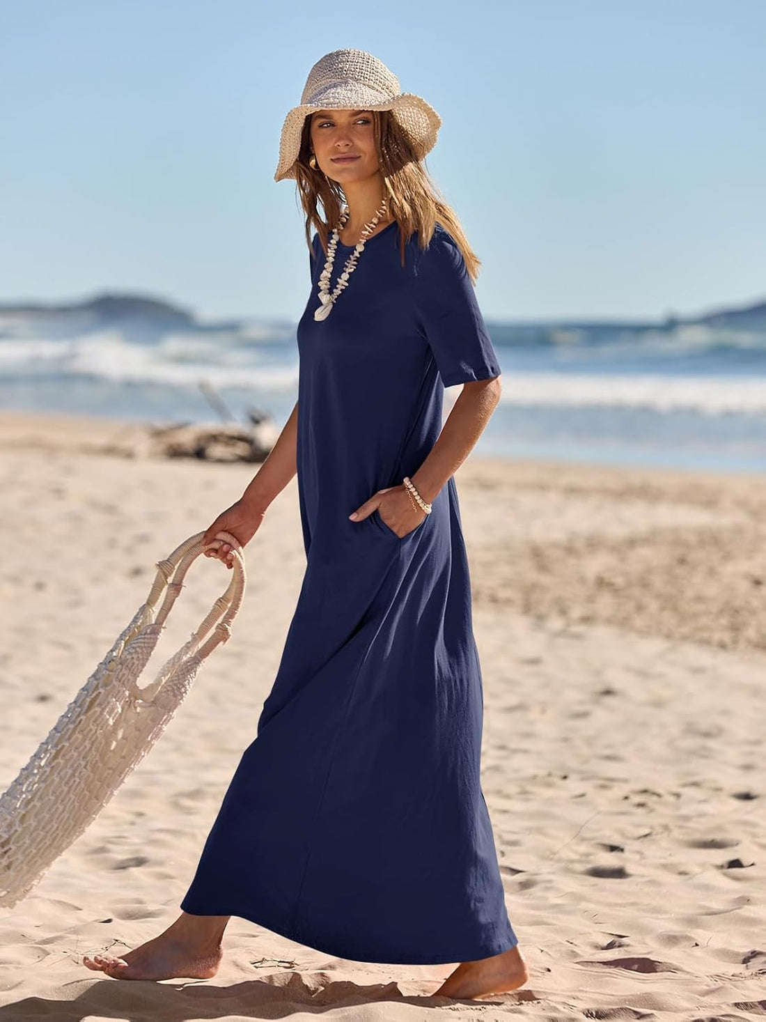 Women'S 2025 Summer Maxi Dress Casual Short Sleeve Beach Vacation Crewneck Basic Long T Shirt Dresses