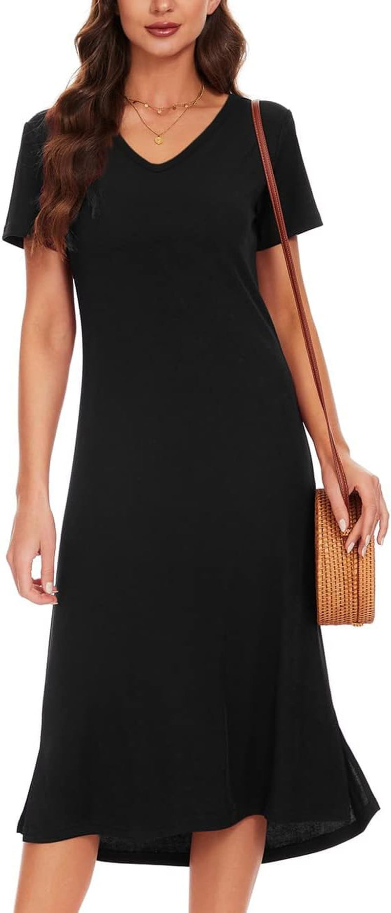 Women'S Casual Short Sleeve Tshirt Dress Summer Side Split Loose V Neck Dresses