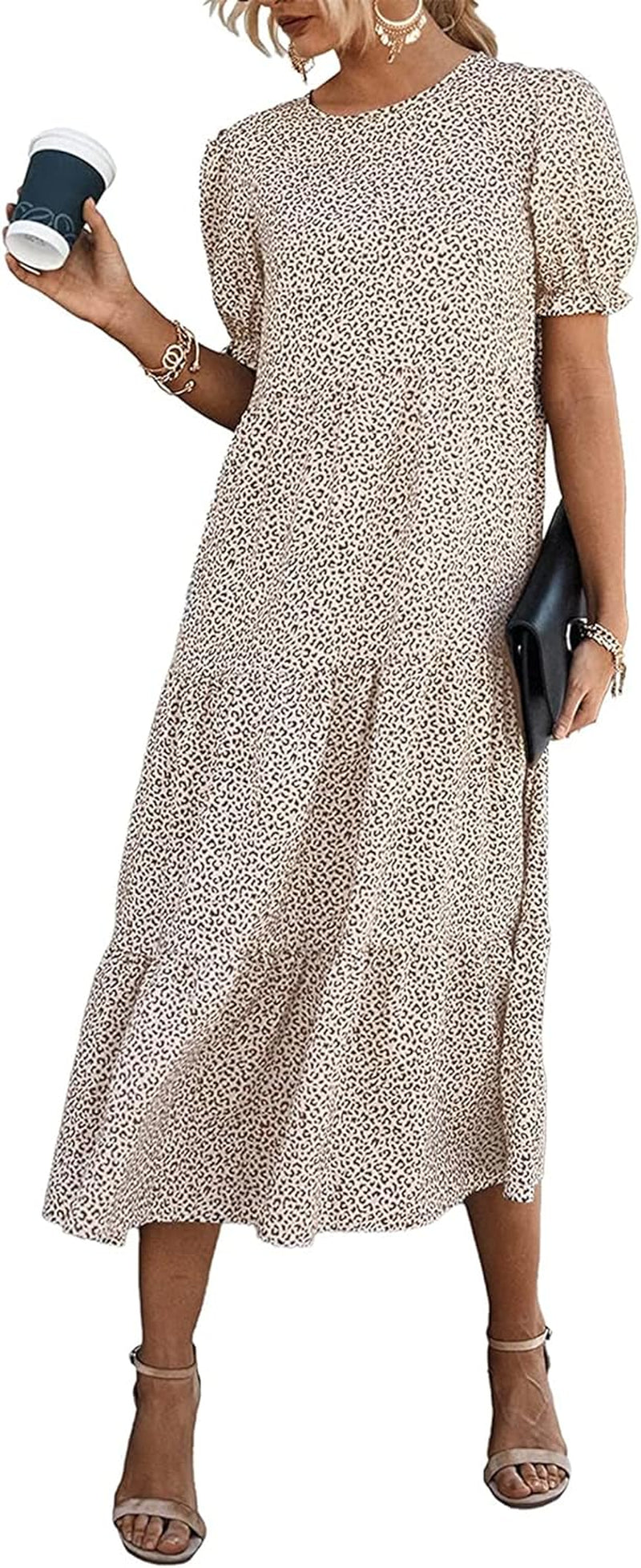 Summer Dresses for Women 2025 Casual Floral Boho Midi Sun Dress Puff Short Sleeve Flowy Beach Vacation Sundress