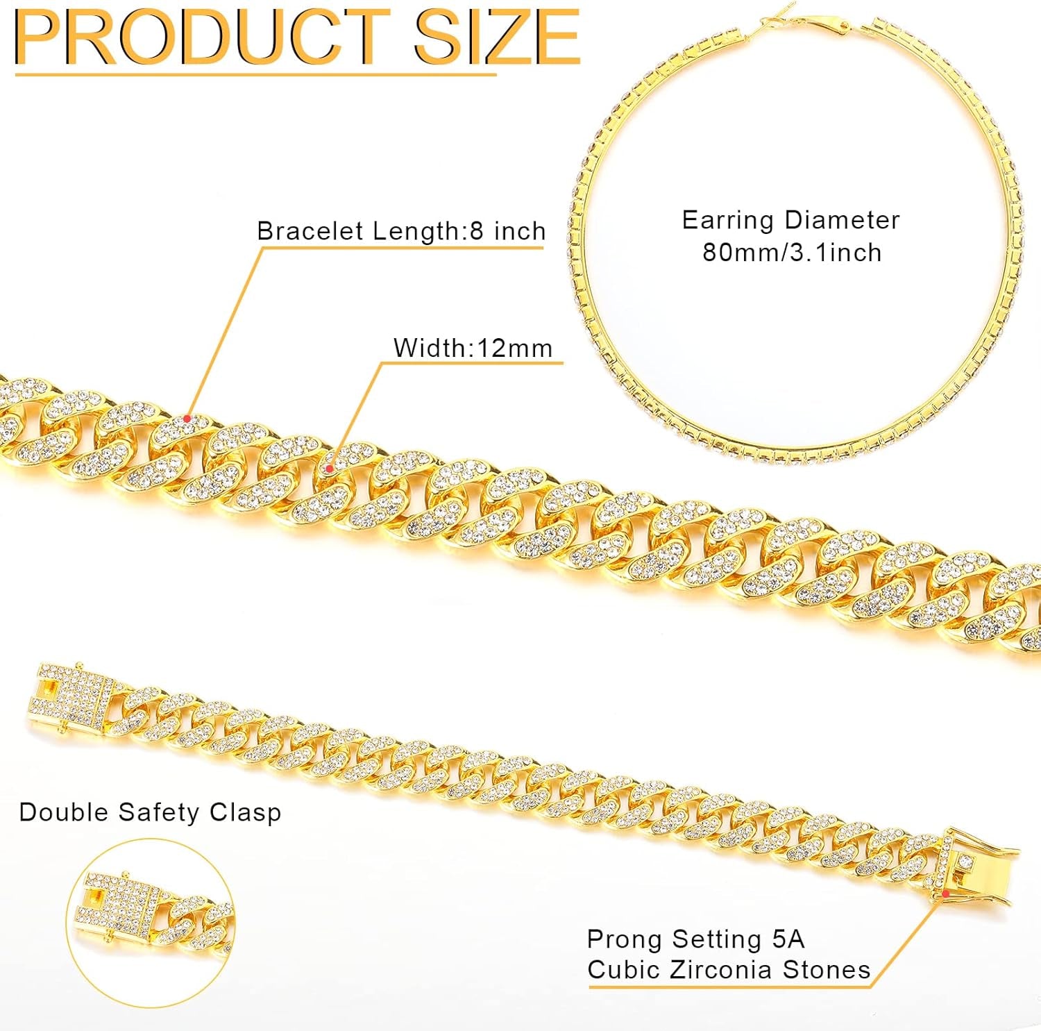 Cuban Link Chain Necklace Bracelet Rhinestone Earrings Bling Necklace Bracelet Crystal Big Circle Earring for Women