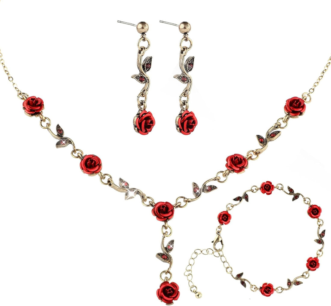 3Pcs Set Red Rose Jewelry - Rose Flower Pendant Necklace, Bracelet Dangle Earrings.Bracelet Flower Jewelry Dangle Earrings Set for Valentine'S Day Mother'S Day Gifts Wedding Gifts