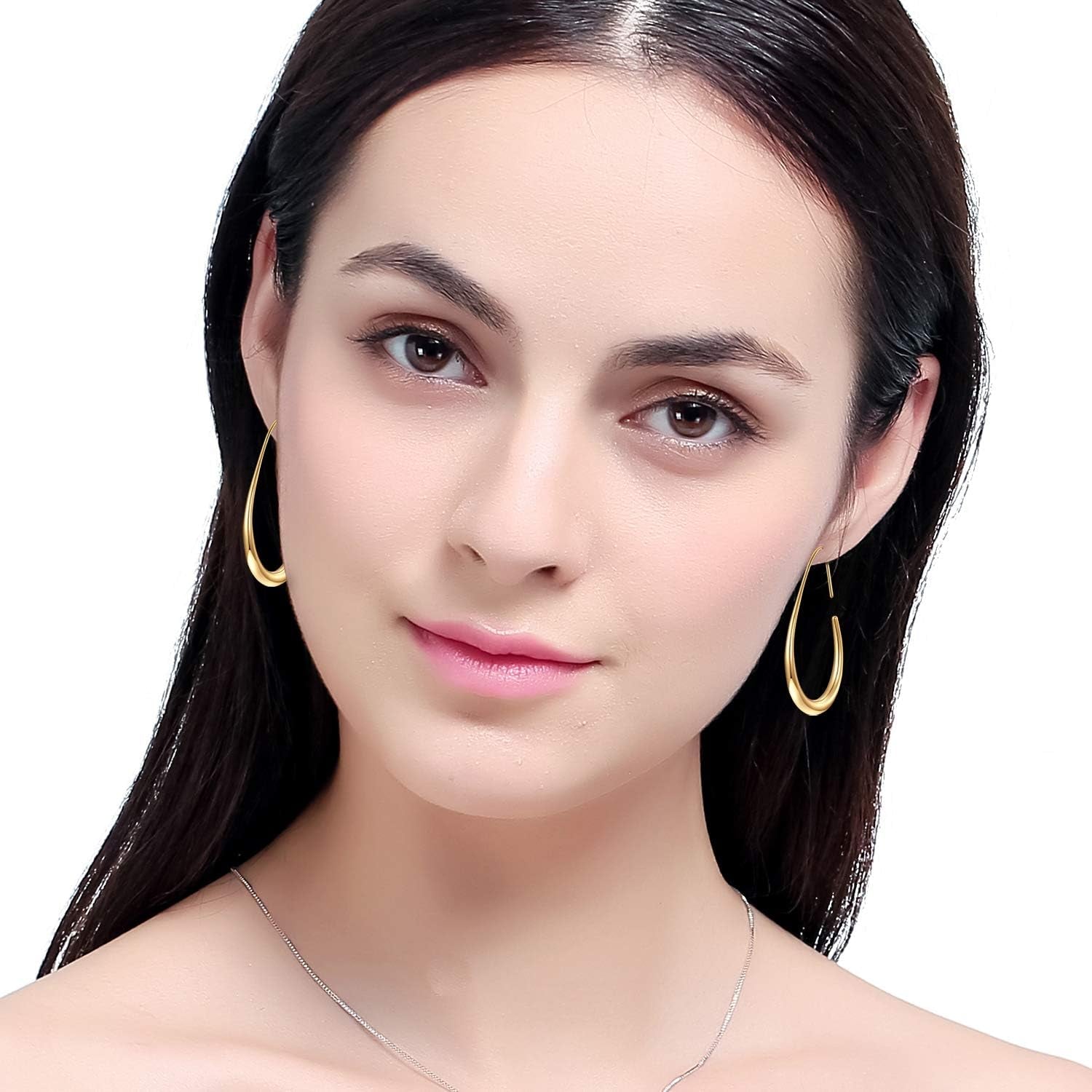 Lightweight Teardrop Hoop Earrings for Women - 14K Gold/White Gold Plated Large Oval Pull through Hoop Earrings High Polished Statement Jewelry Gift for Women