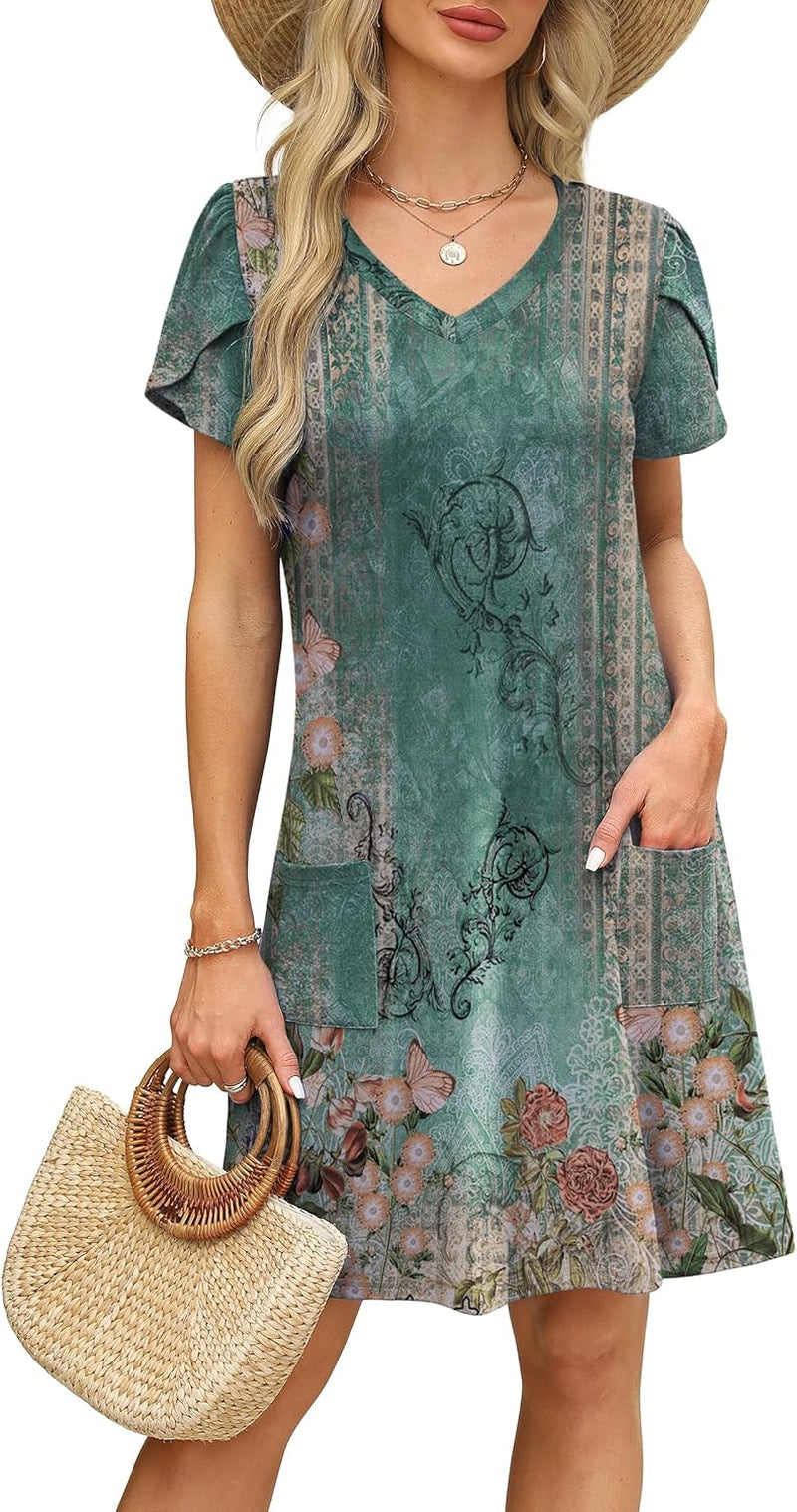 Womens Summer Dresses 2025 Tulip Petal Short Sleeve V Neck Loose Swing Sundresses with Pockets Plain/Print