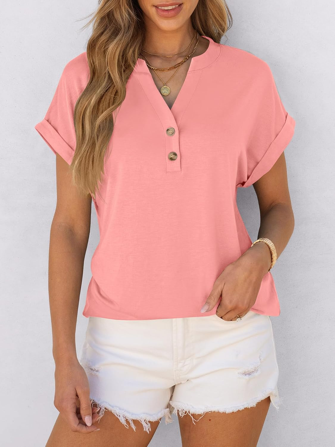 Womens Short Sleeve Henley Tops V Neck Dressy Casual Loose Fit Shirts Summer Flowy Blouses 2025 Trendy Clothes