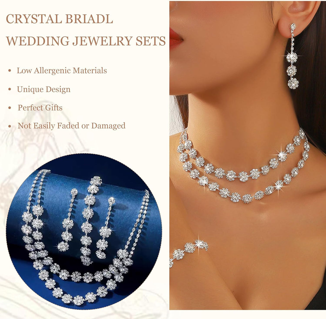 Silver Wedding Jewelry Sets for Brides Rhinestone Necklace Earrings Bracelet Set Bridal Costume Jewelry for Women Formal Wedding Guest Dress Accessories Prom Party Outfits