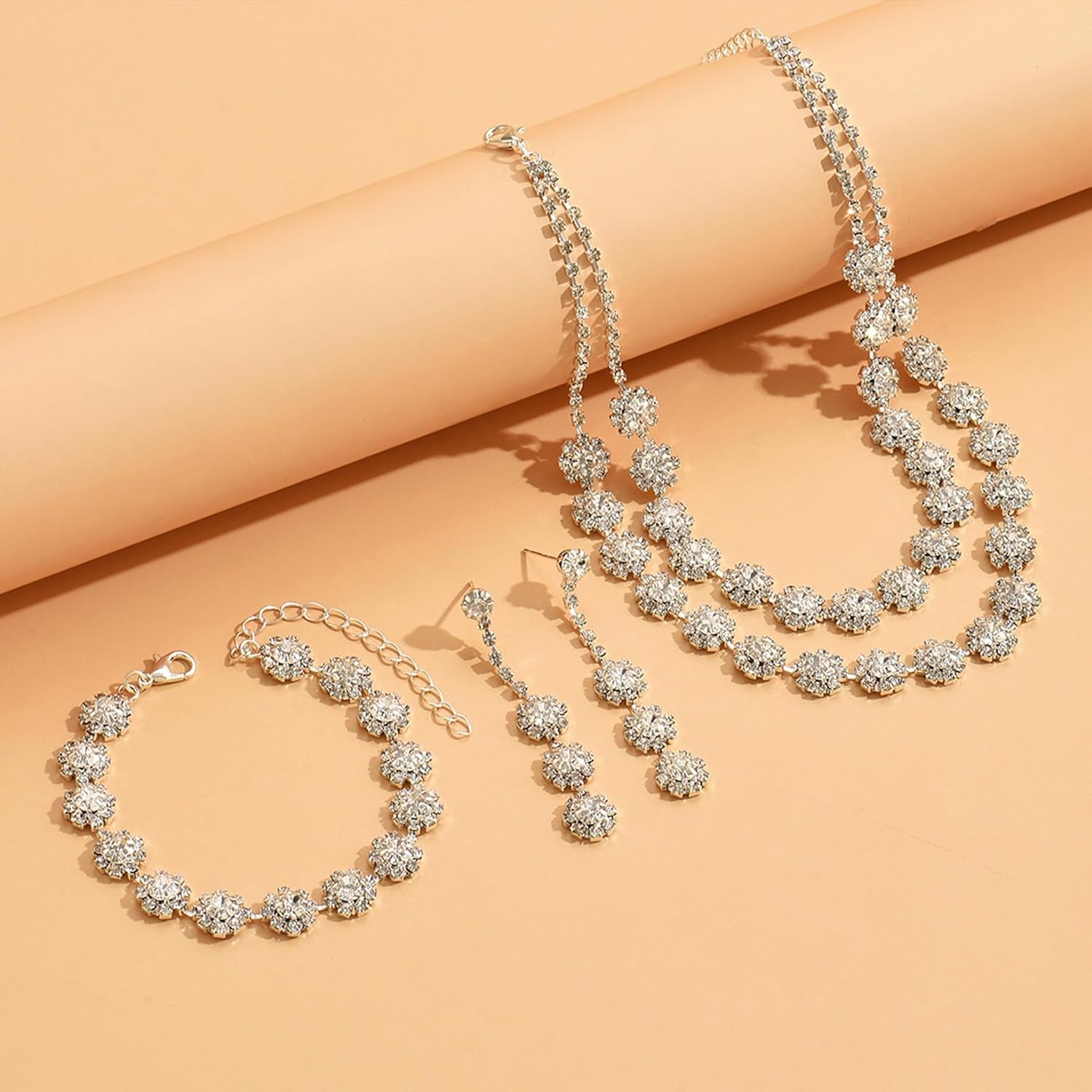 Silver Wedding Jewelry Sets for Brides Rhinestone Necklace Earrings Bracelet Set Bridal Costume Jewelry for Women Formal Wedding Guest Dress Accessories Prom Party Outfits
