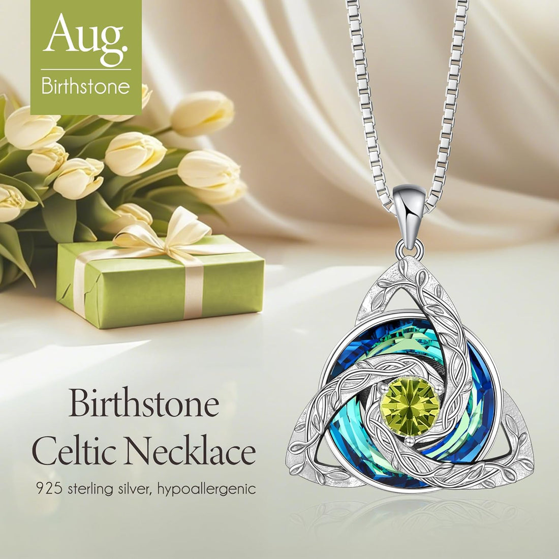 Celtic Birthstone Necklace for Women, S925 Sterling Silver Trinity Knot Triquetra Austria Crystal Pendant, Birthstone Necklace Birthday Anniversary Jewelry Irish Scottish Gifts for Her