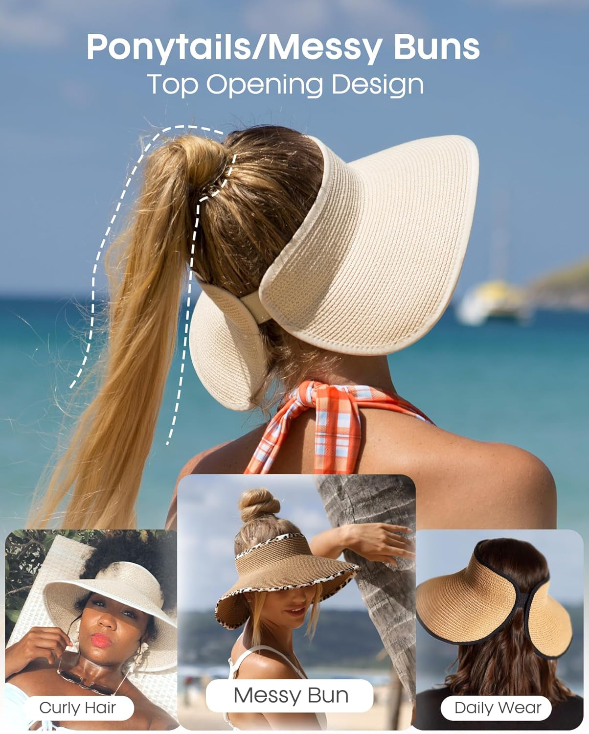 Sun Hats for Women Wide Brim Beach Hat Straw Visor Ponytail Summer UV Packable Foldable Beach Vacation Essentials