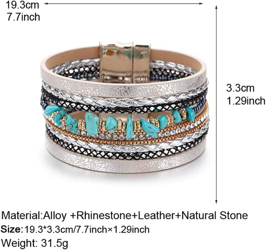 Leather Wrap Bracelets for Women, Boho Leopard Multi-Layer Crystal Beads Cuff Bracelet Jewelry