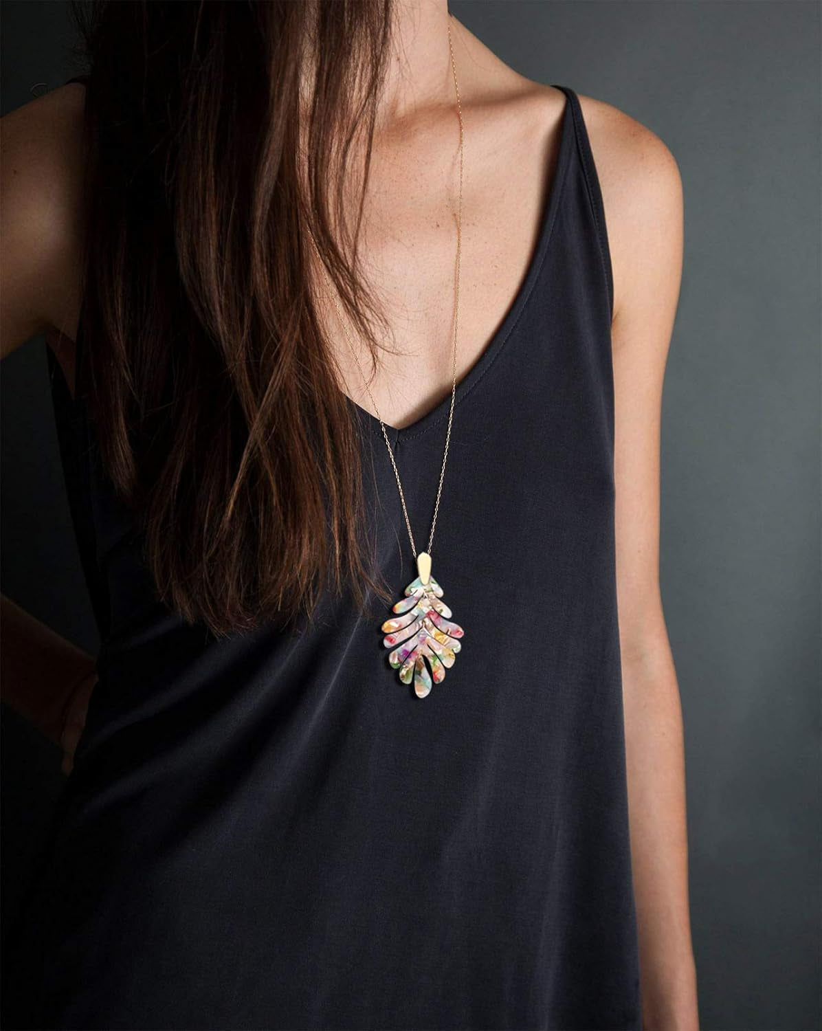 Acrylic Pendant Necklace Earrings – Long Statement Leaf Charm Necklace Tortoise Resin Palm Leaf Earrings Fashion Necklaces Earrings for Women
