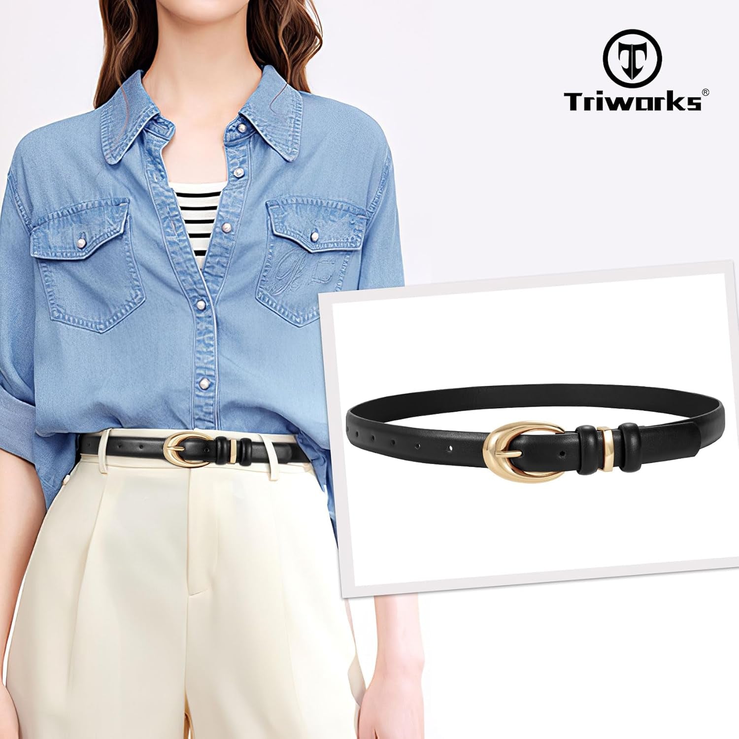 Women Leather Belt for Jeans Pants Fashion Ladies Skinny Faux Leather Dress Belt with Gold Buckle