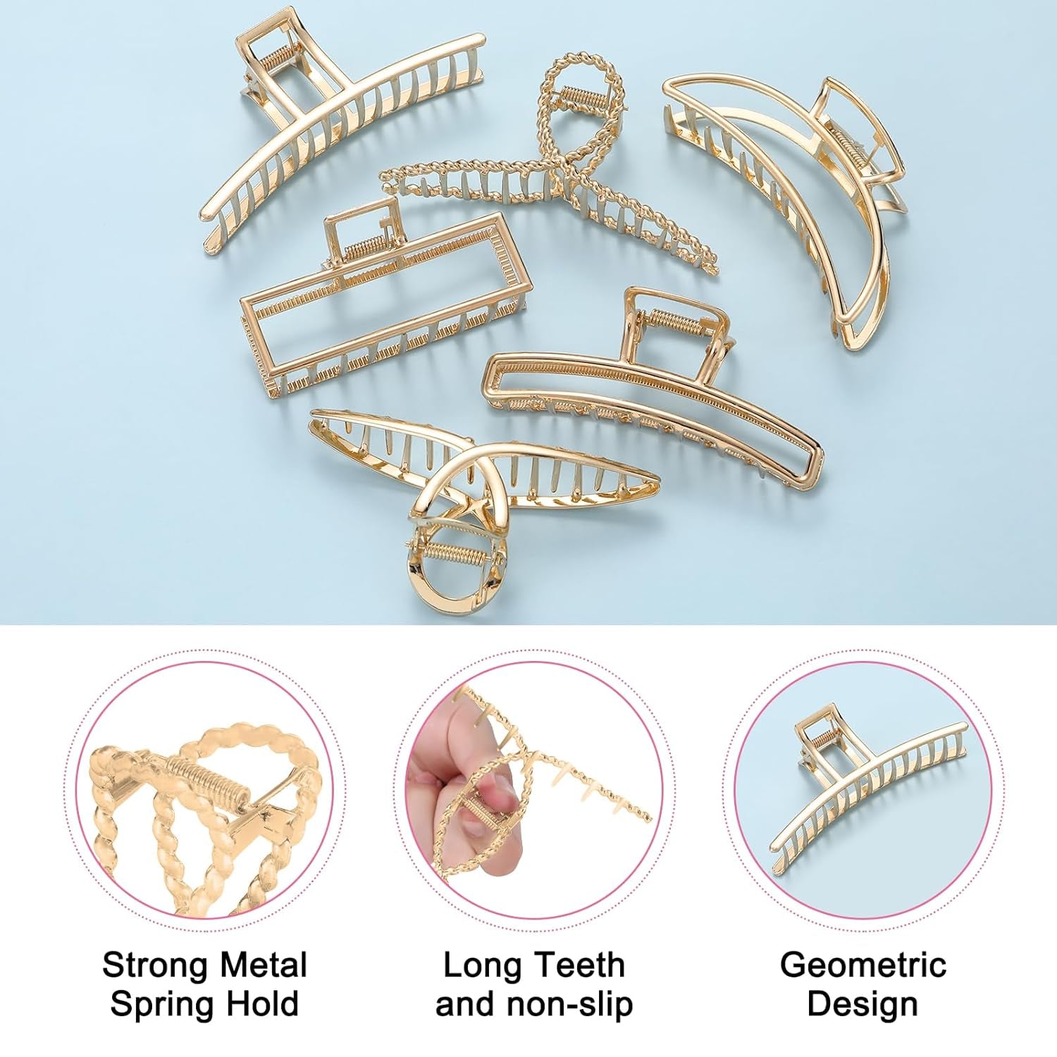 6 Pack Large Metal Hair Claw Clips - 4 Inch Big Gold Hair Clips,Perfect Jaw Hair Clamps for Women and Thinner,Thick Hair Styling,Strong Hold Hair,Fashion Hair Accessories (Style 1)
