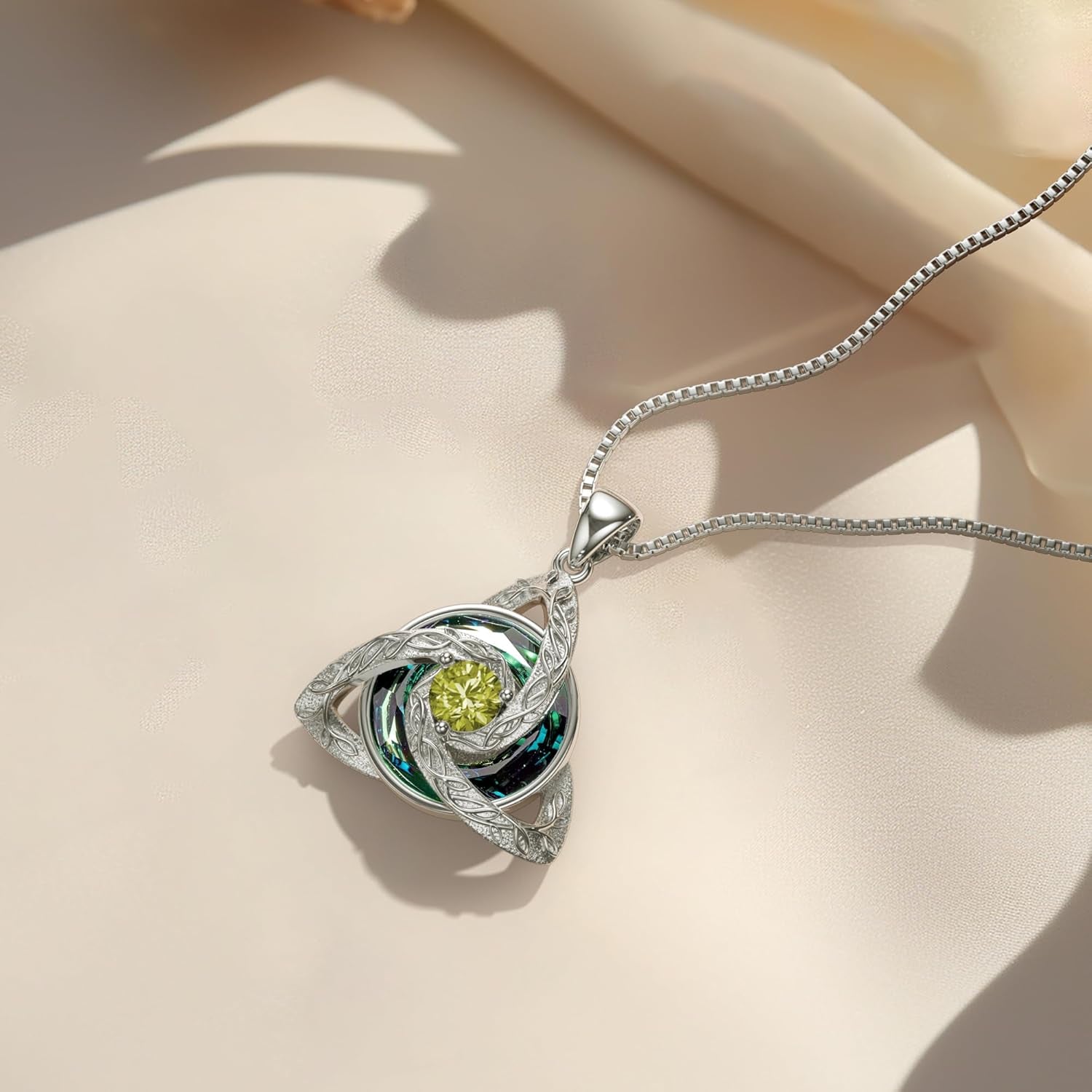 Celtic Birthstone Necklace for Women, S925 Sterling Silver Trinity Knot Triquetra Austria Crystal Pendant, Birthstone Necklace Birthday Anniversary Jewelry Irish Scottish Gifts for Her