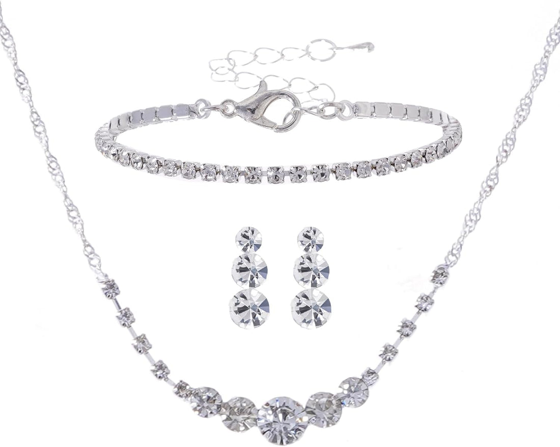 Women Jewelry Set Silver Necklace Earrings Bracelet Rhinestone Crystal Bridal Wedding Jewelry Sets for Brides Bridesmaid Wedding Party