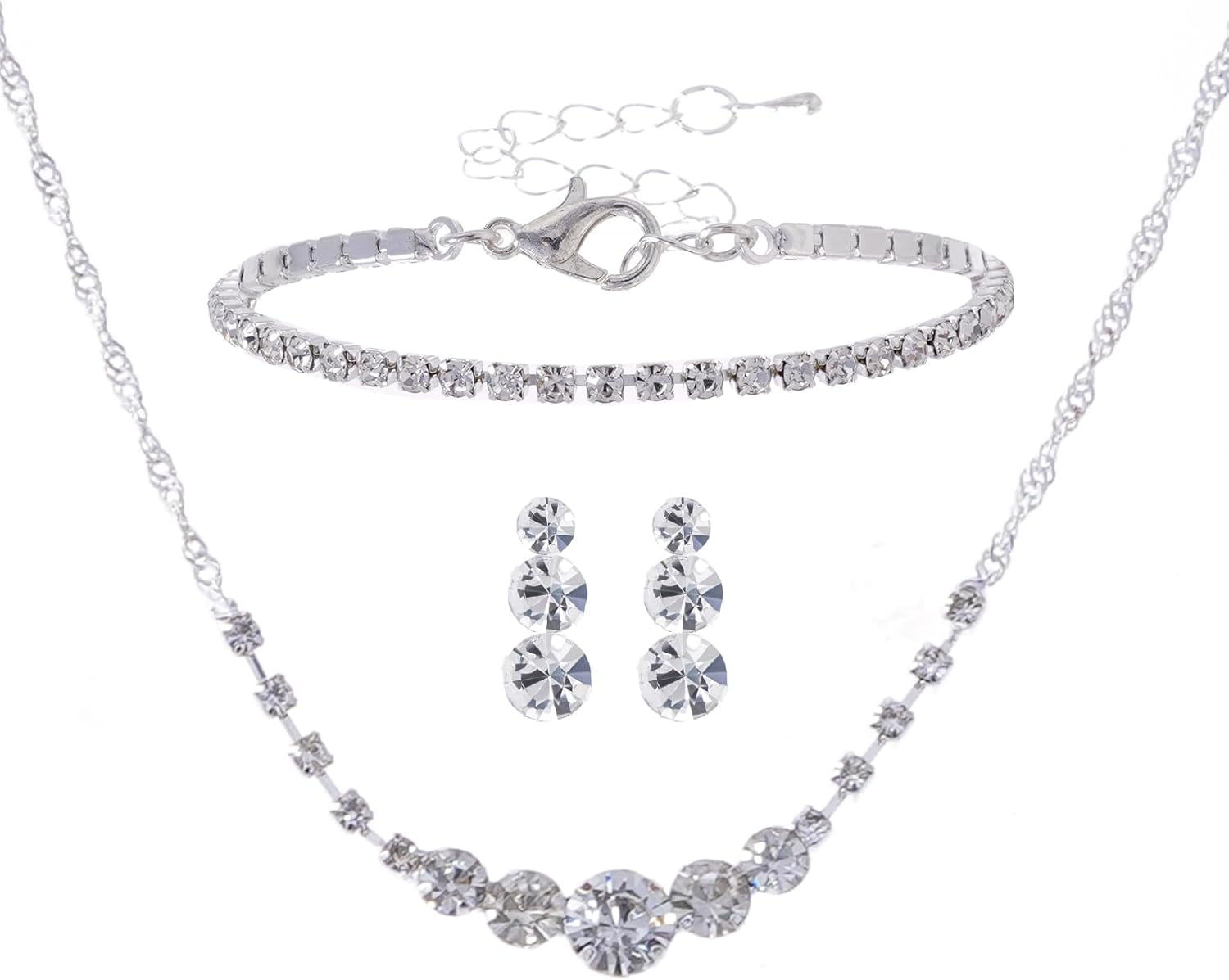 Women Jewelry Set Silver Necklace Earrings Bracelet Rhinestone Crystal Bridal Wedding Jewelry Sets for Brides Bridesmaid Wedding Party