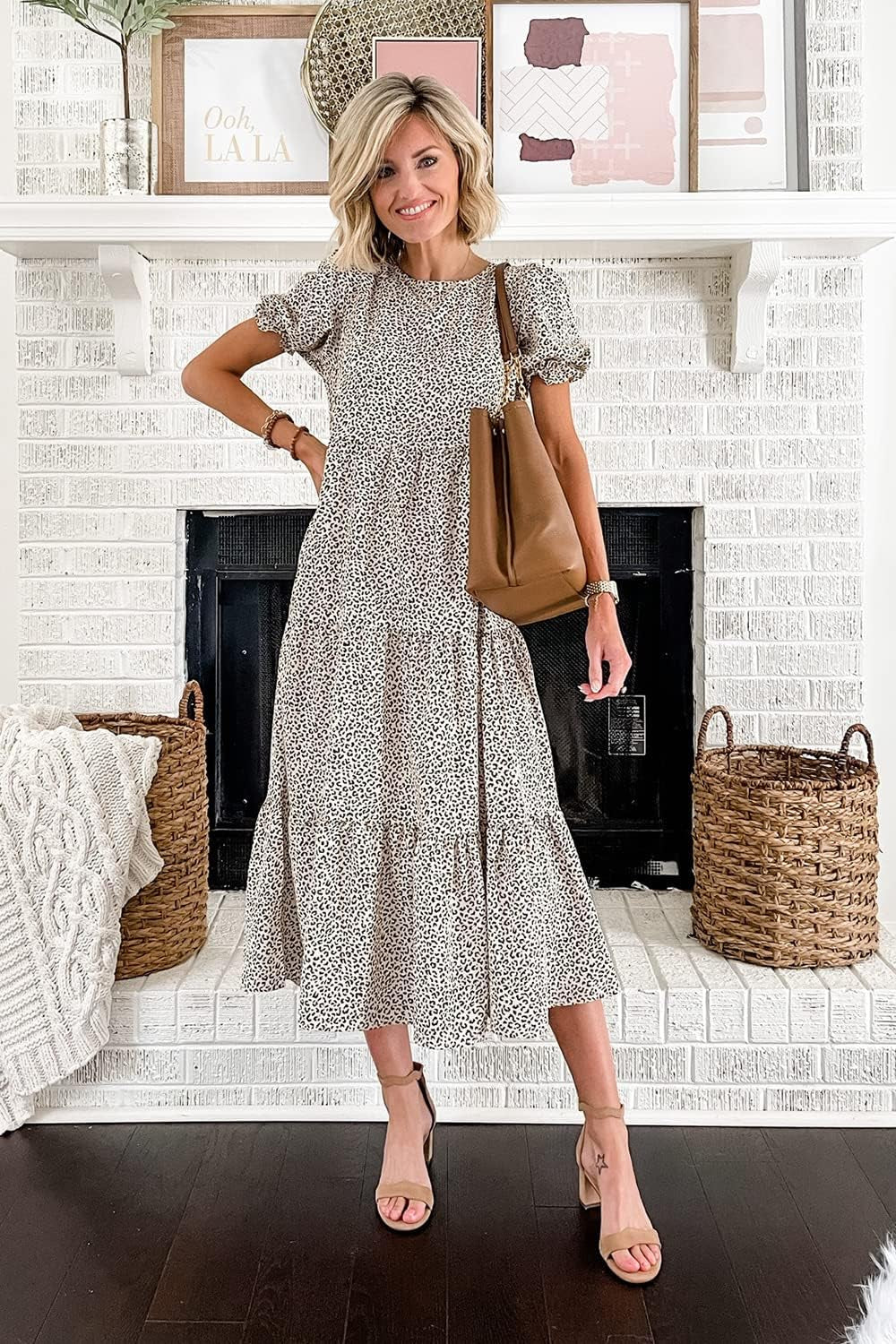 Summer Dresses for Women 2025 Casual Floral Boho Midi Sun Dress Puff Short Sleeve Flowy Beach Vacation Sundress