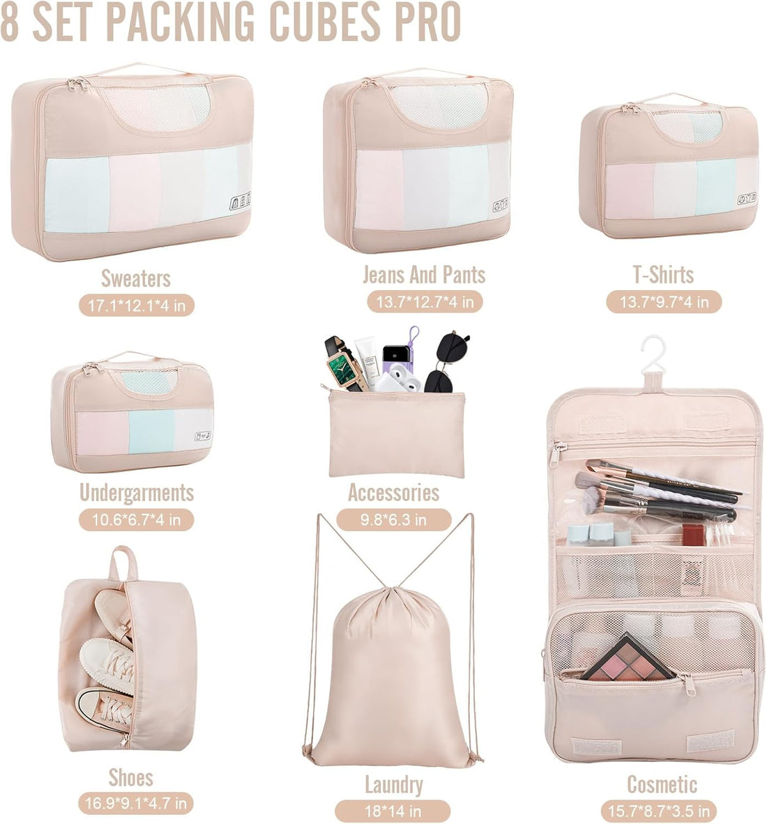 8 Set Packing Cubes for Travel, Beach Vacation Essentials Accessories for Cruise Ship, Suitcase Organizer Bags for Luggage with Hanging Toiletry & Shoe Bag, Birthday Gifts for Women Mom Her