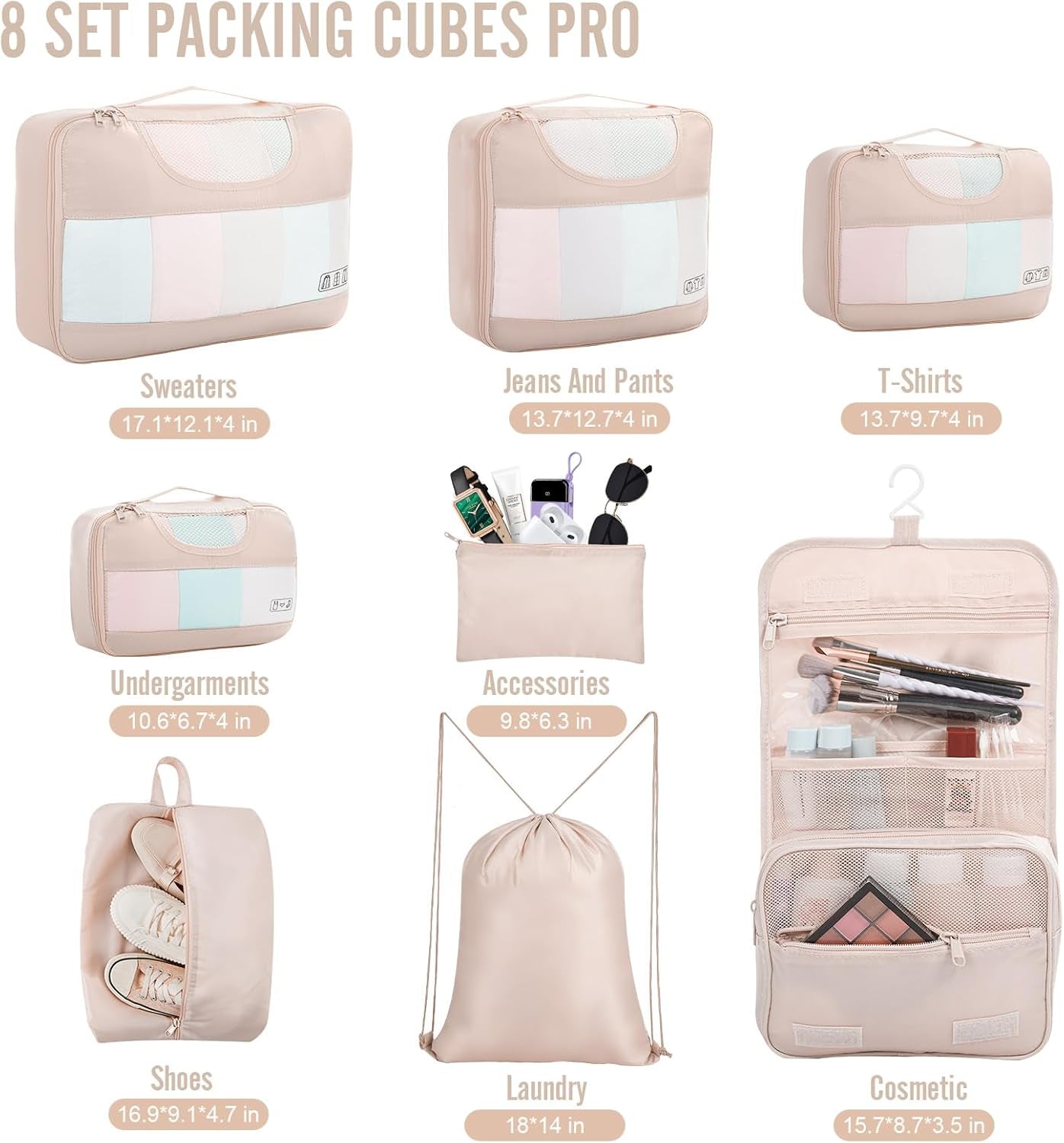 8 Set Packing Cubes for Travel, Beach Vacation Essentials Accessories for Cruise Ship, Suitcase Organizer Bags for Luggage with Hanging Toiletry & Shoe Bag, Birthday Gifts for Women Mom Her