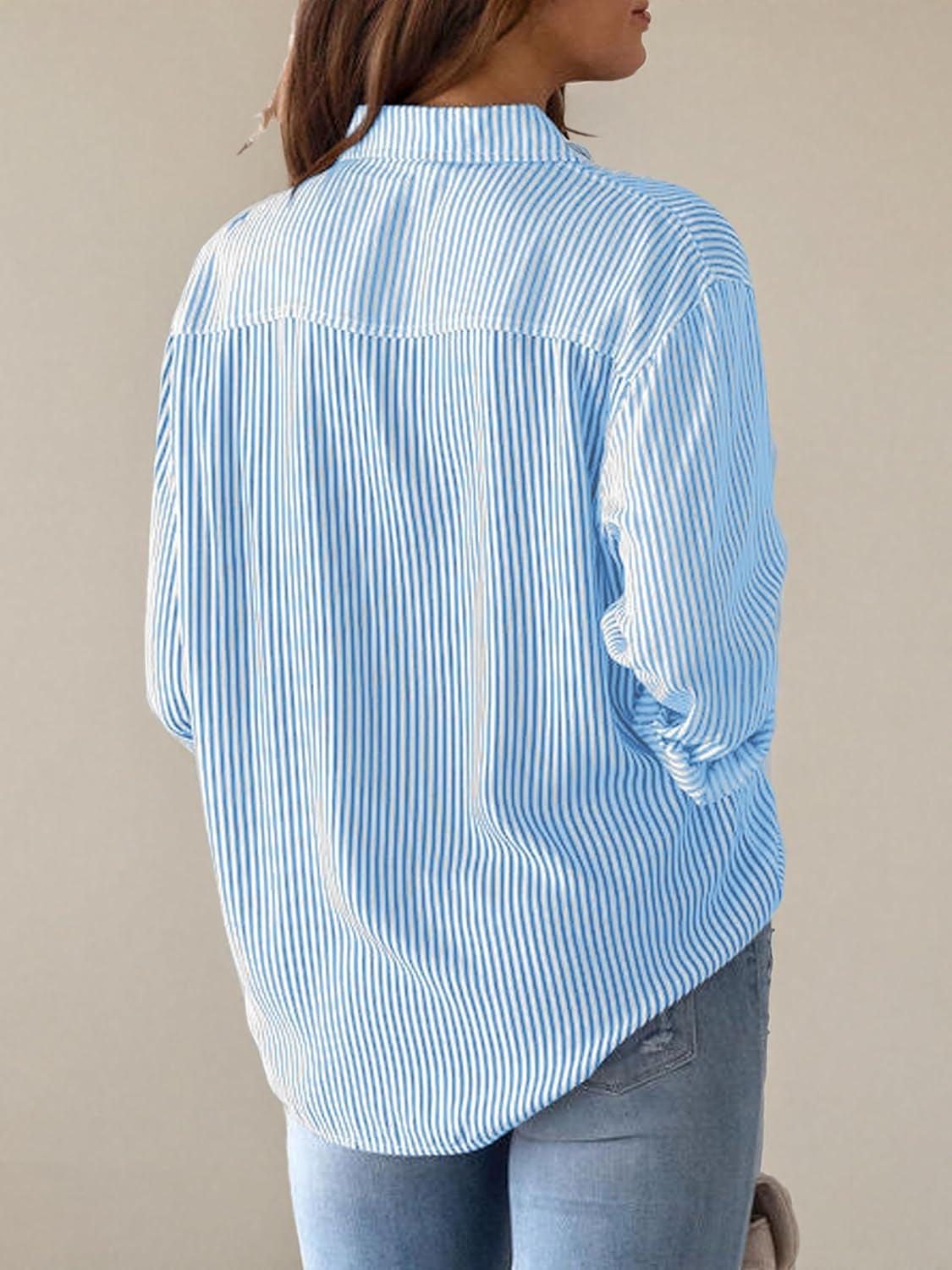 Grade 4 Wrinkle-Resistant Women'S Button down Shirts Striped Long Sleeve Collared Blouses Tops with Pocket