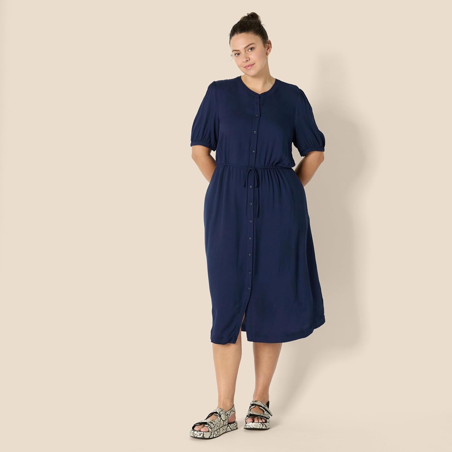 Women'S Relaxed Fit Half-Sleeve Waisted Midi A-Line Dress