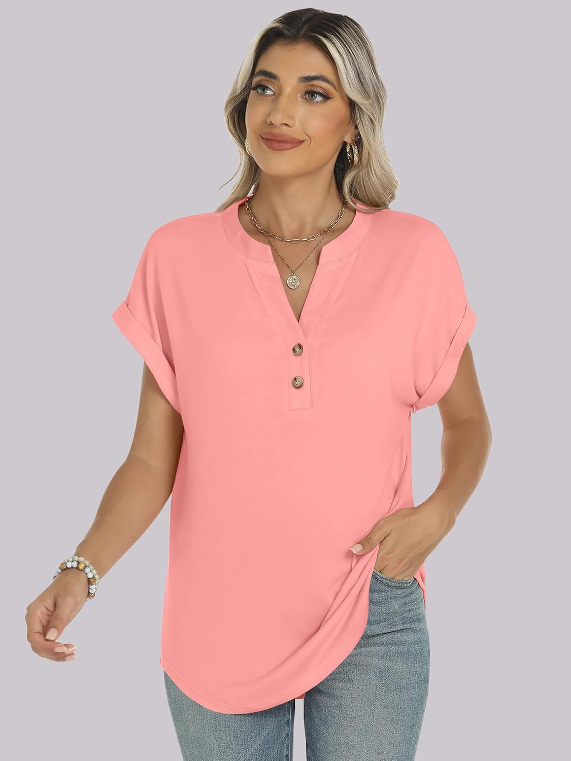 Womens Short Sleeve Henley Tops V Neck Dressy Casual Loose Fit Shirts Summer Flowy Blouses 2025 Trendy Clothes