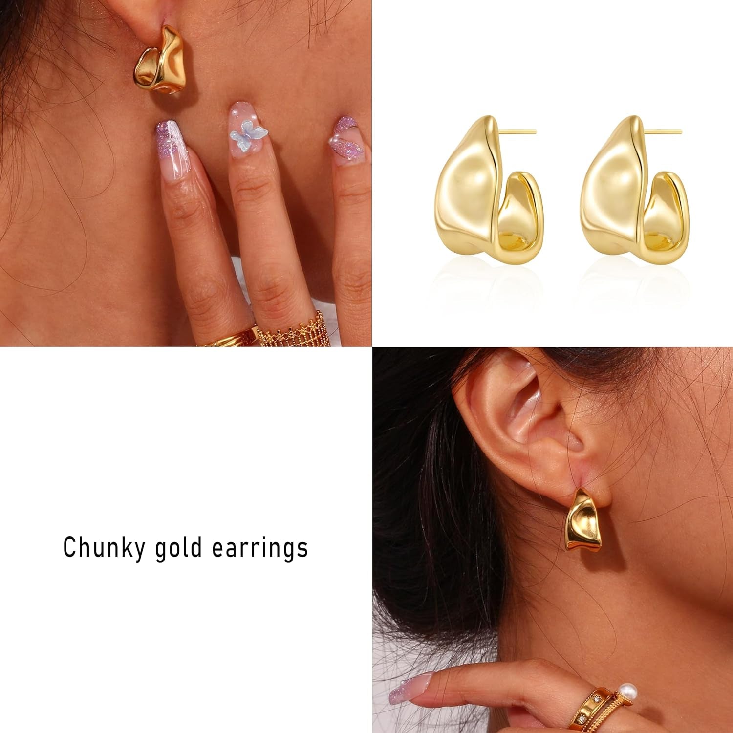Chunky Gold Stud Earrings for Women 14K Gold Plated Hypoallergenic Earrings Statement Trendy Fashion Gold Jewelry Gifts