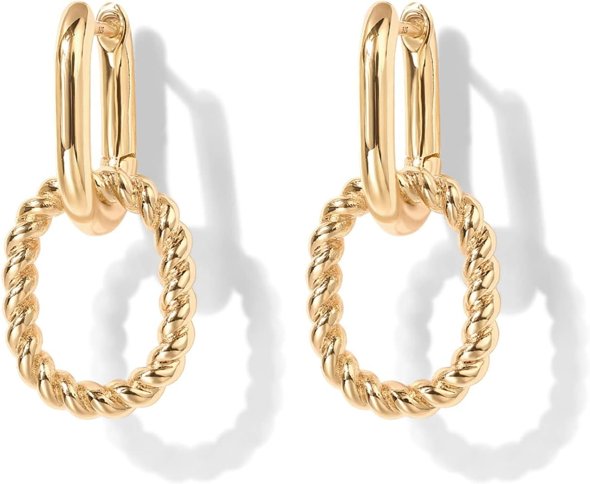 14K Gold Plated Convertible Paperclip Link Huggie Hoop Earrings for Women - Earscape Statement Jewelry - Trendy Cubic Zirconia Two-Toned Rope Drop Dangle Earrings