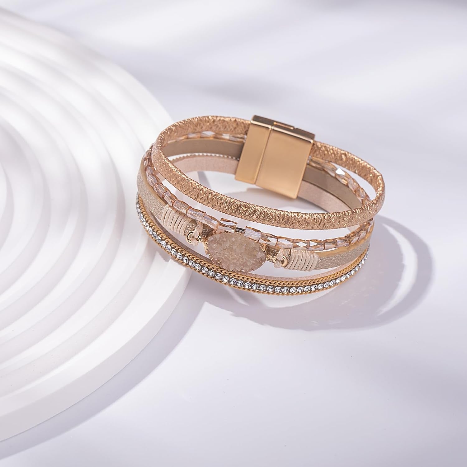Leather Wrap Bracelet Boho Cuff Bangle Bracelets Crystal Bead Bracelet with Magnetic Clasp Jewelry Gifts for Women