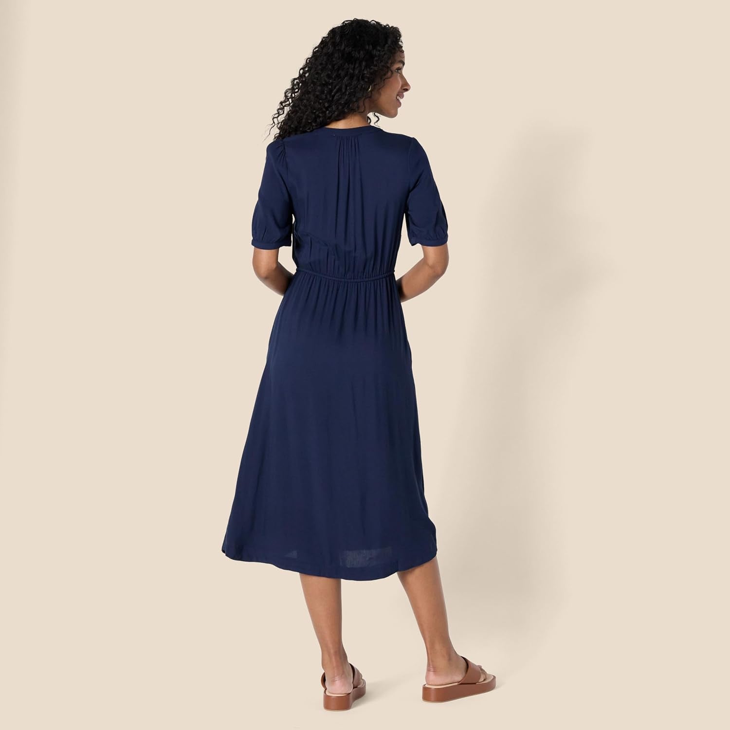 Women'S Relaxed Fit Half-Sleeve Waisted Midi A-Line Dress