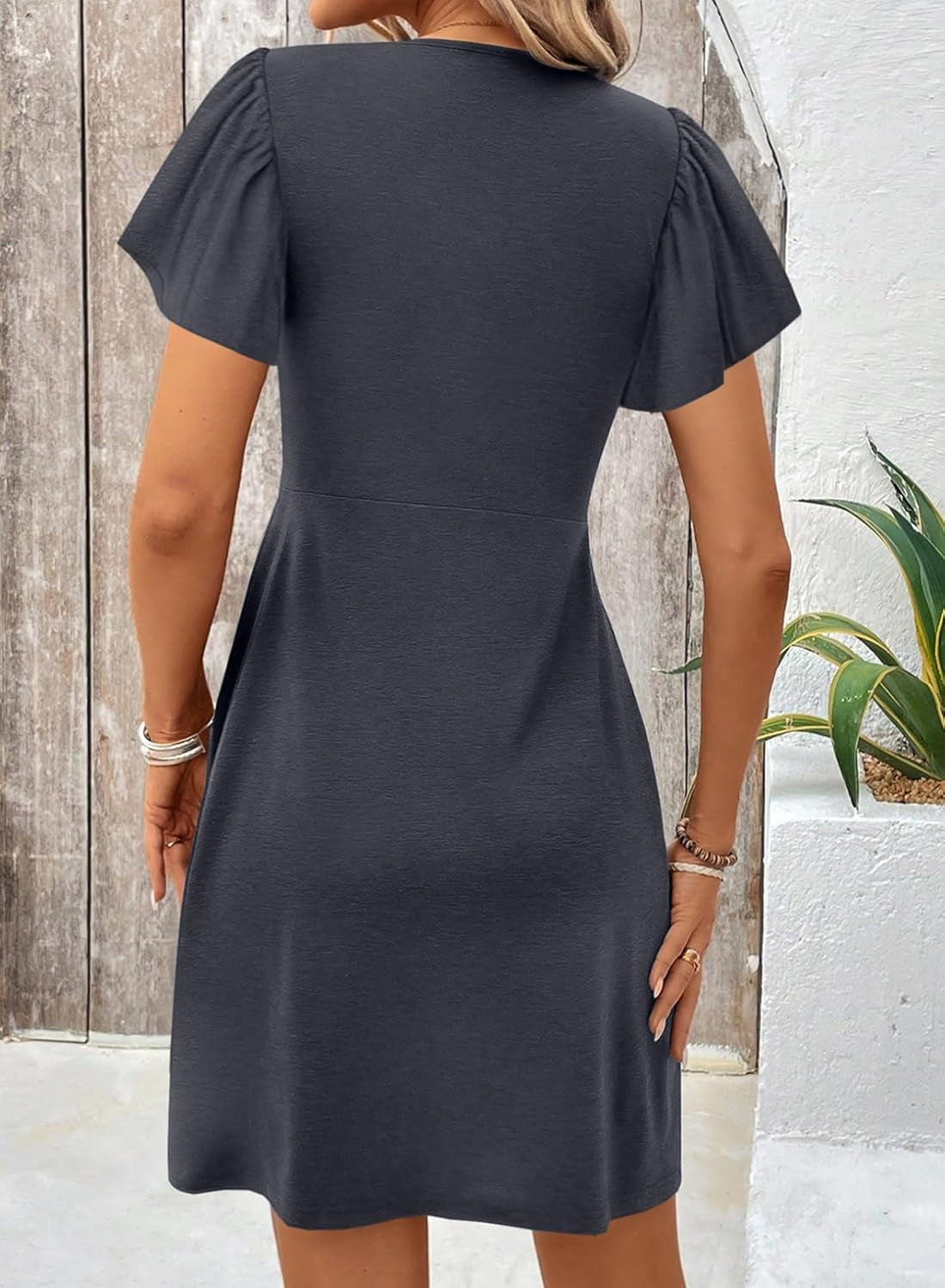 Womens Casual Summer Twist Front V Neck Short Sleeve Mini Dress, S-XXL
