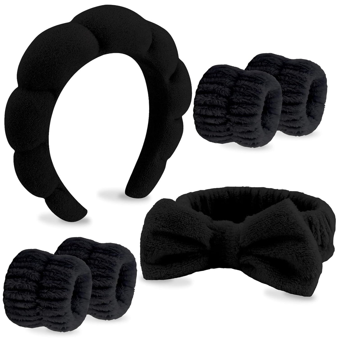 6 Pack Spa Headband, Makeup Headband, Face Wash Headbands, Skincare Headbands, Black Sponge Hair Band Bow Tie Spa Head Band for Washing Face Wristband Set Hair Accessories for Women Gifts