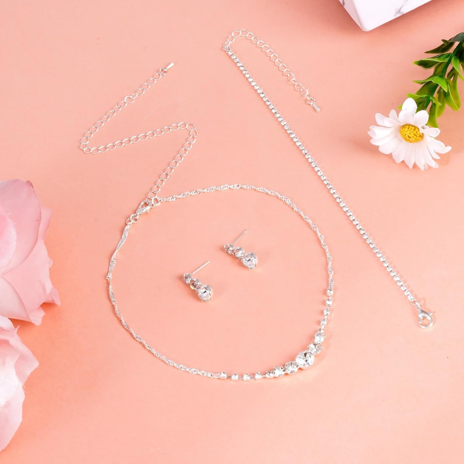 Women Jewelry Set Silver Necklace Earrings Bracelet Rhinestone Crystal Bridal Wedding Jewelry Sets for Brides Bridesmaid Wedding Party