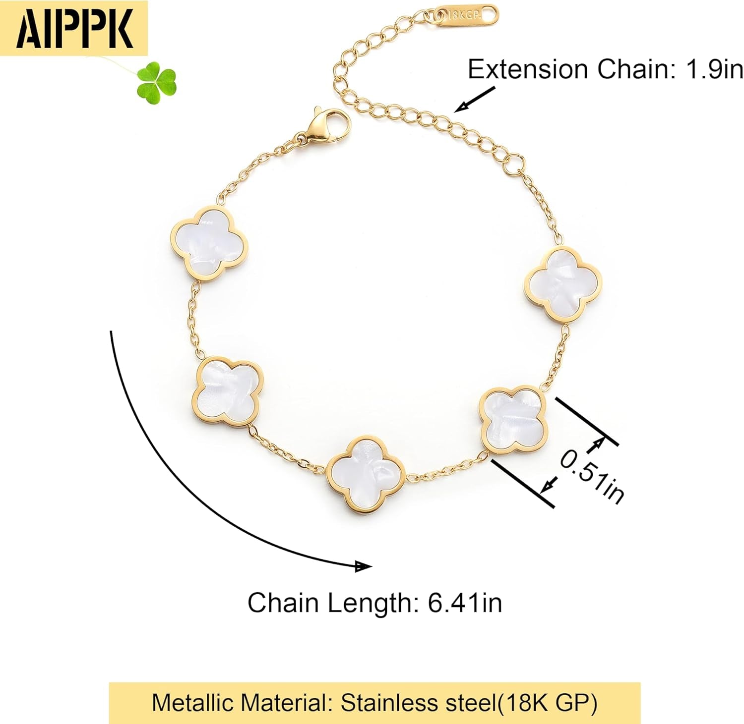 18K Gold Plated Clover Lucky Bracelet for Women White/Black/Red/Green Flower Four Leaf Link Bracelets Trendy Jewelry Gifts for Women