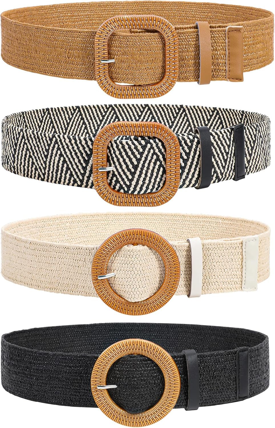 4 Pack Straw Woven Elastic Stretch Waist Belt Fashion Boho Dress Braided Belts for Women
