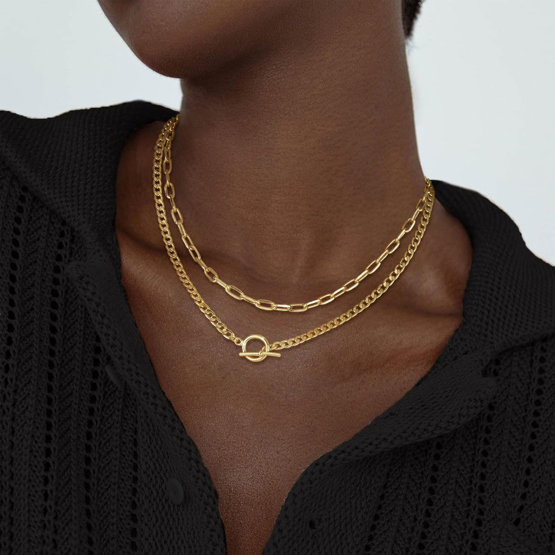 Gold Layered Necklaces for Women, 14K Dainty Gold Chain Necklace Women Trendy Cuban Link Paperclip Chain Toggle Clasp Necklace Fashion Chunky Jewelry for Women