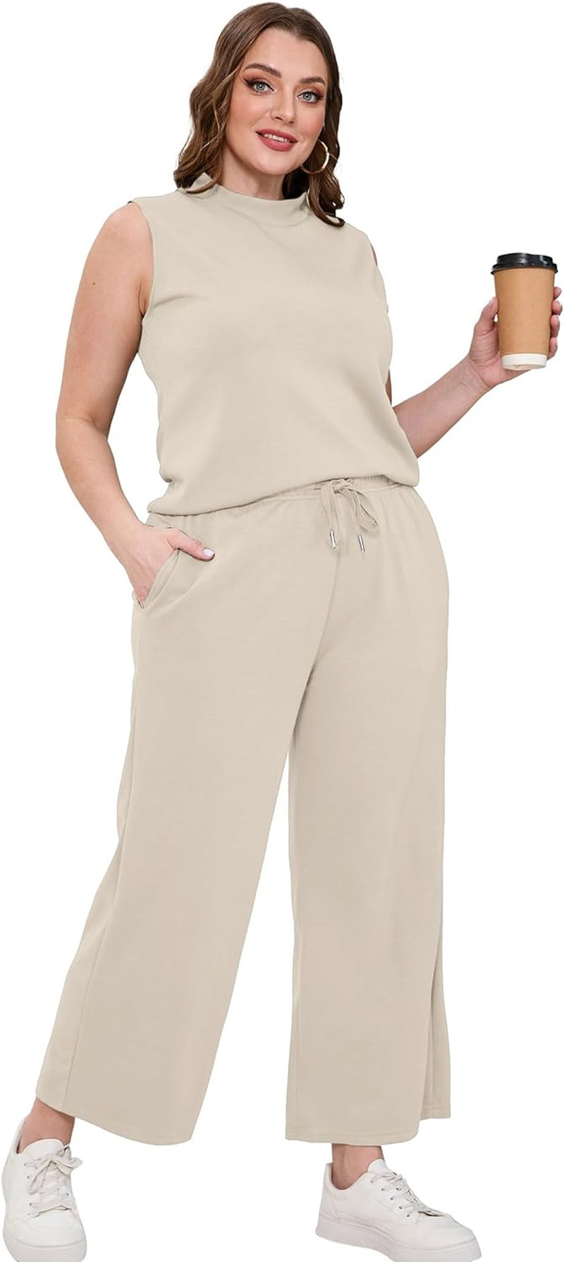 Two Piece Sets for Women Summer Outfits Lounge Sets Mock Neck Tops Wide Leg Crop Pants Vacation Travel Outfits