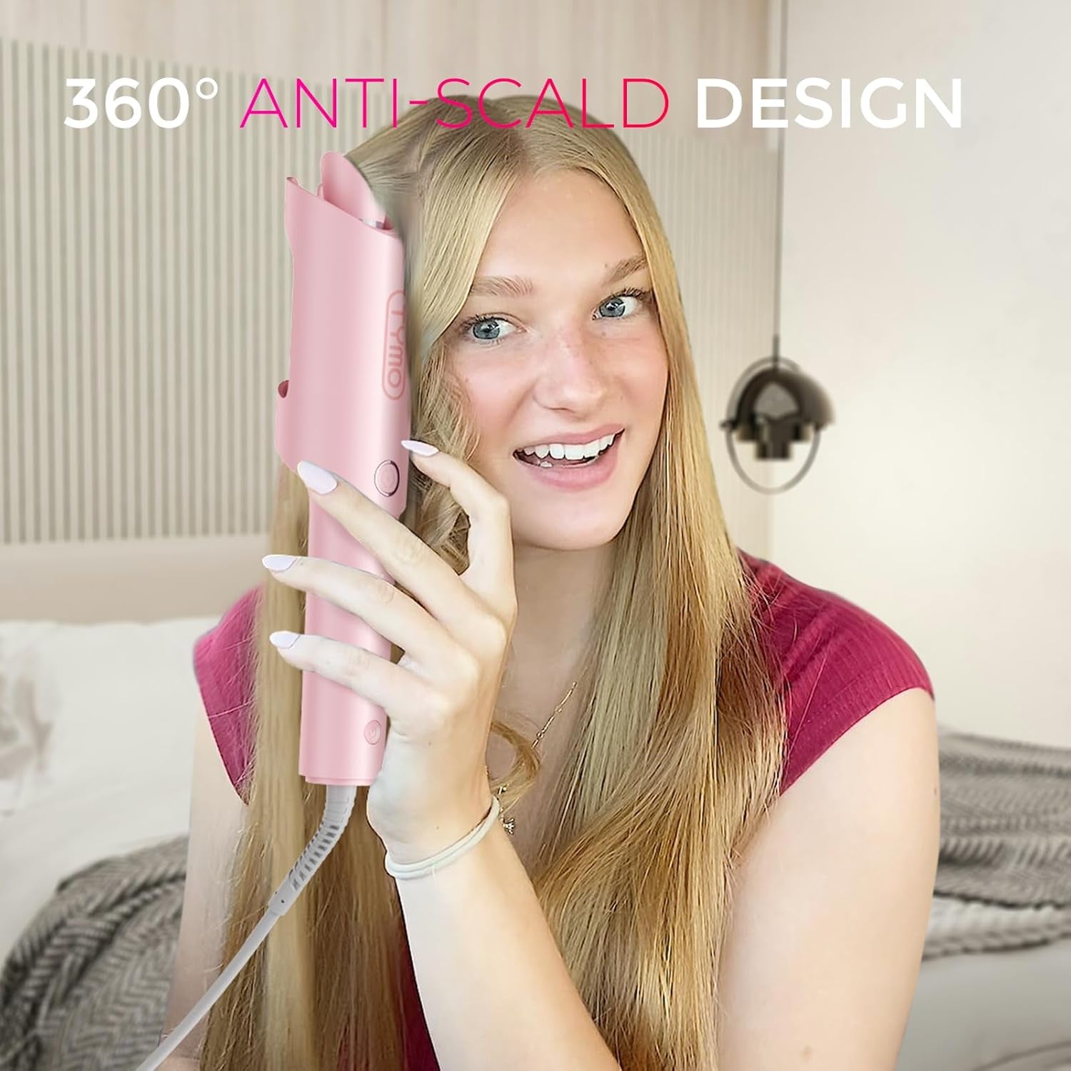 Automatic Rotating Curling Iron -  CURLPRO Beach Waves Curling Wand, Portable Hair Curler, 500 Million Ionic, Dual Voltage & Lightweight for Travel, Ceramic Coating, 1 Inch, Pink