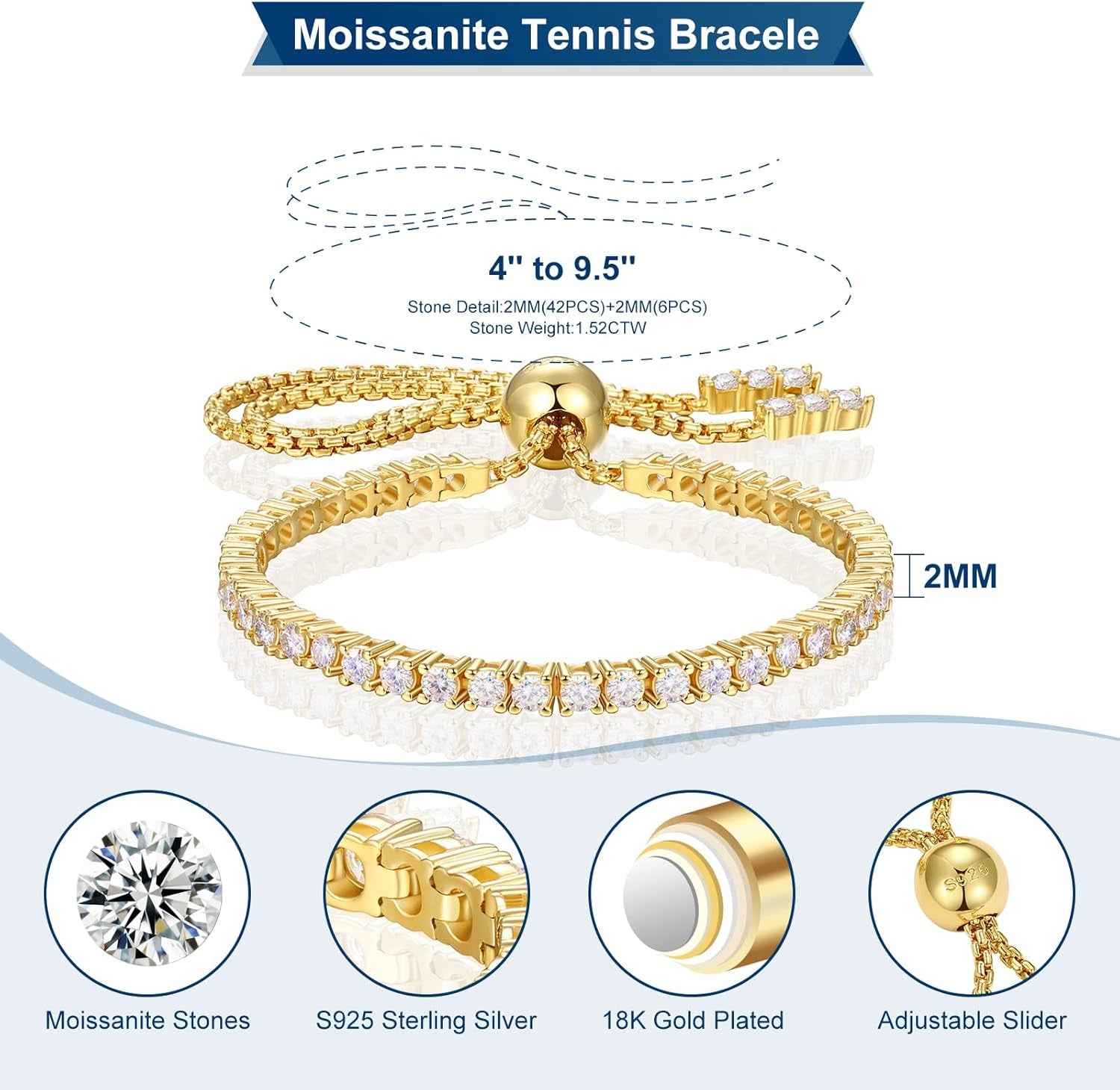 Moissanite Tennis Bracelet 1.52Ct-7.76Ct Adjustable Bracelet for Women 18K White Gold Plated S925 Sterling Silver Tennis Bracelet D Color VVS1 round Cut 2/3/4Mm Moissanite Bracelet Gifts for Wife/Mom