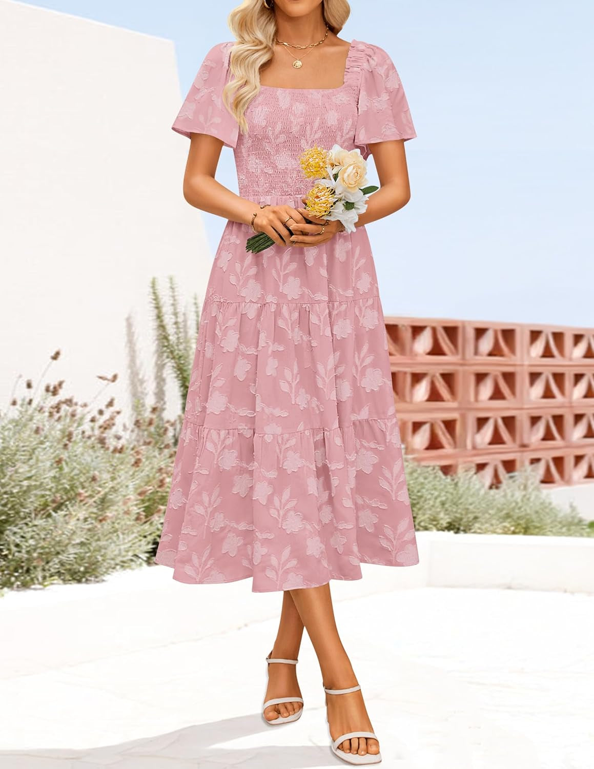 Women‘S Summer Boho Floral Midi Dress 2025 Casual Short Sleeve Square Neck Flowy Beach Vacation Long Dress