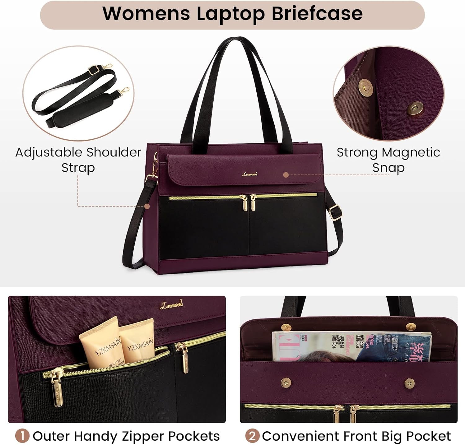 Laptop Bag for Women 15.6 Inch Tote Work Professional Leather Computer Briefcase Waterproof Handbag Shoulder Large Capacity Business Teacher Office Crossbody Purse