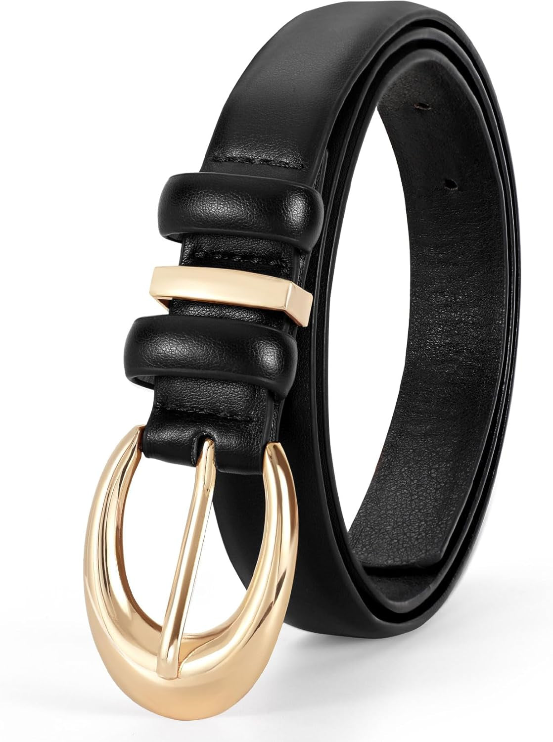 Women Leather Belt for Jeans Pants Fashion Ladies Skinny Faux Leather Dress Belt with Gold Buckle
