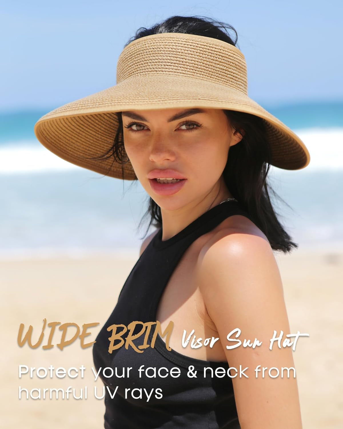 Sun Hats for Women Wide Brim Beach Hat Straw Visor Ponytail Summer UV Packable Foldable Beach Vacation Essentials