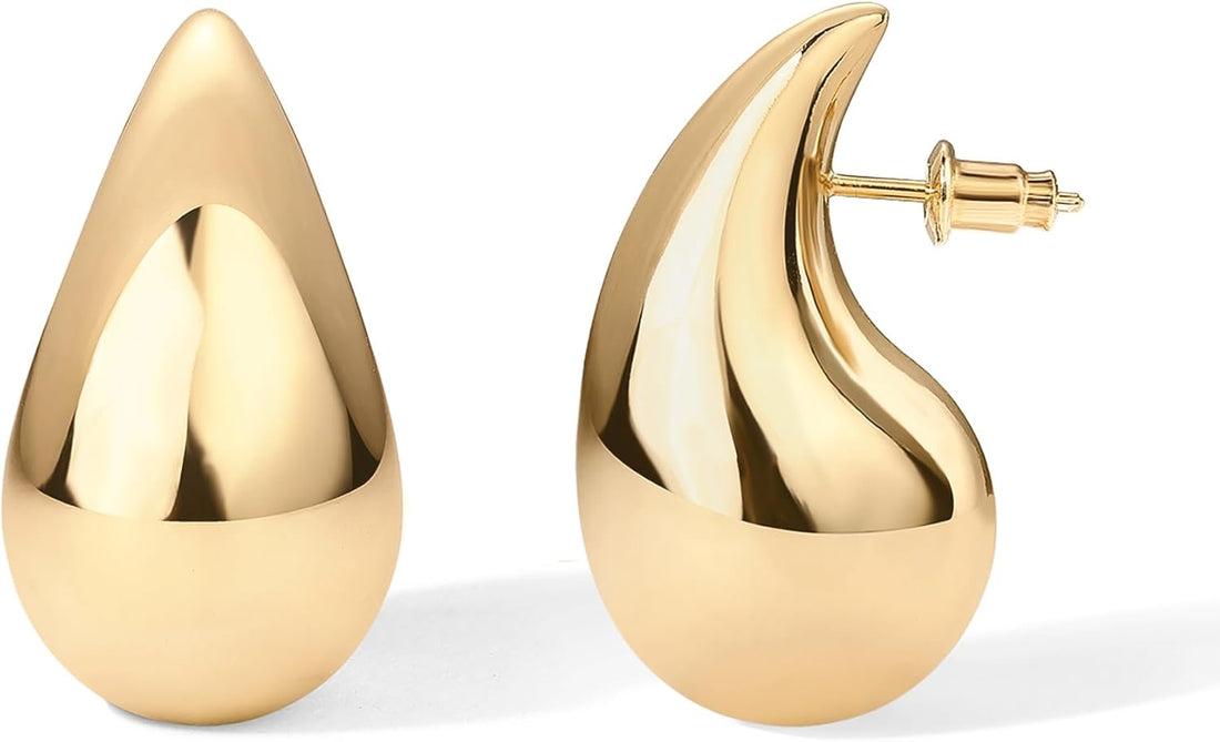 14K Gold Plated 925 Sterling Silver Post Teardrop Chunky Hoop Earrings - Lightweight Drop Earrings for Women - Designer Dupe
