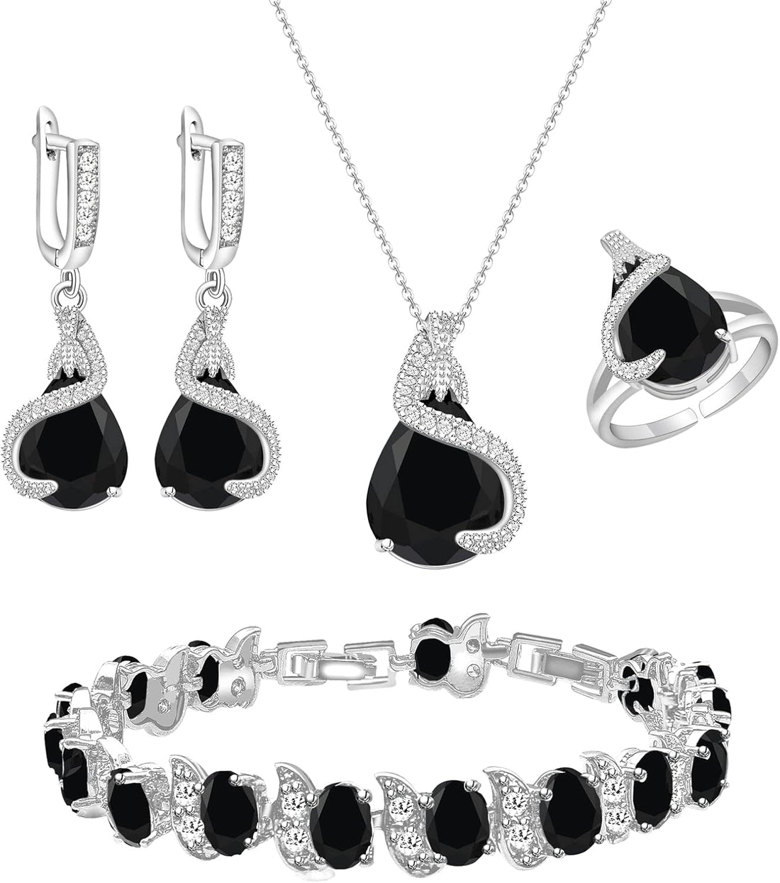 Jewelry Set for Women Water Drop Cubic Zirconia Artificial Crystal Earrings Pendant Necklace Open Ring Tennis Bracelet Wedding Anniversary Birthday Engagement Gift for Bridesmaid Wife Girlfriend Friend