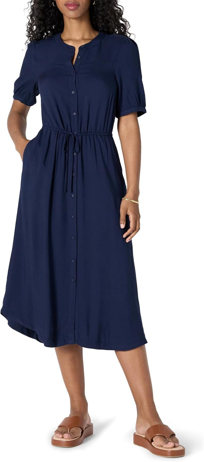 Women'S Relaxed Fit Half-Sleeve Waisted Midi A-Line Dress
