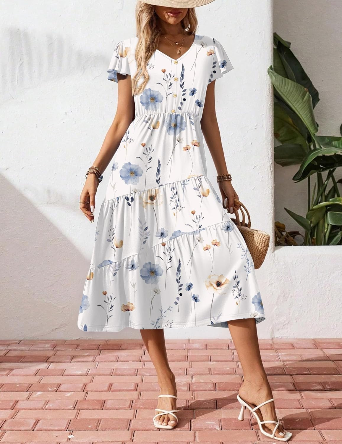 Women'S Summer Casual Dress Flutter Short Sleeve V Neck Button down Tiered Flowy Long Dress with Pockets